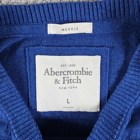 Abercrombie and Fitch Sweater Mens Large Muscle V Neck‎ Blue Long Sleeve Cotton - Picture 2 of 9